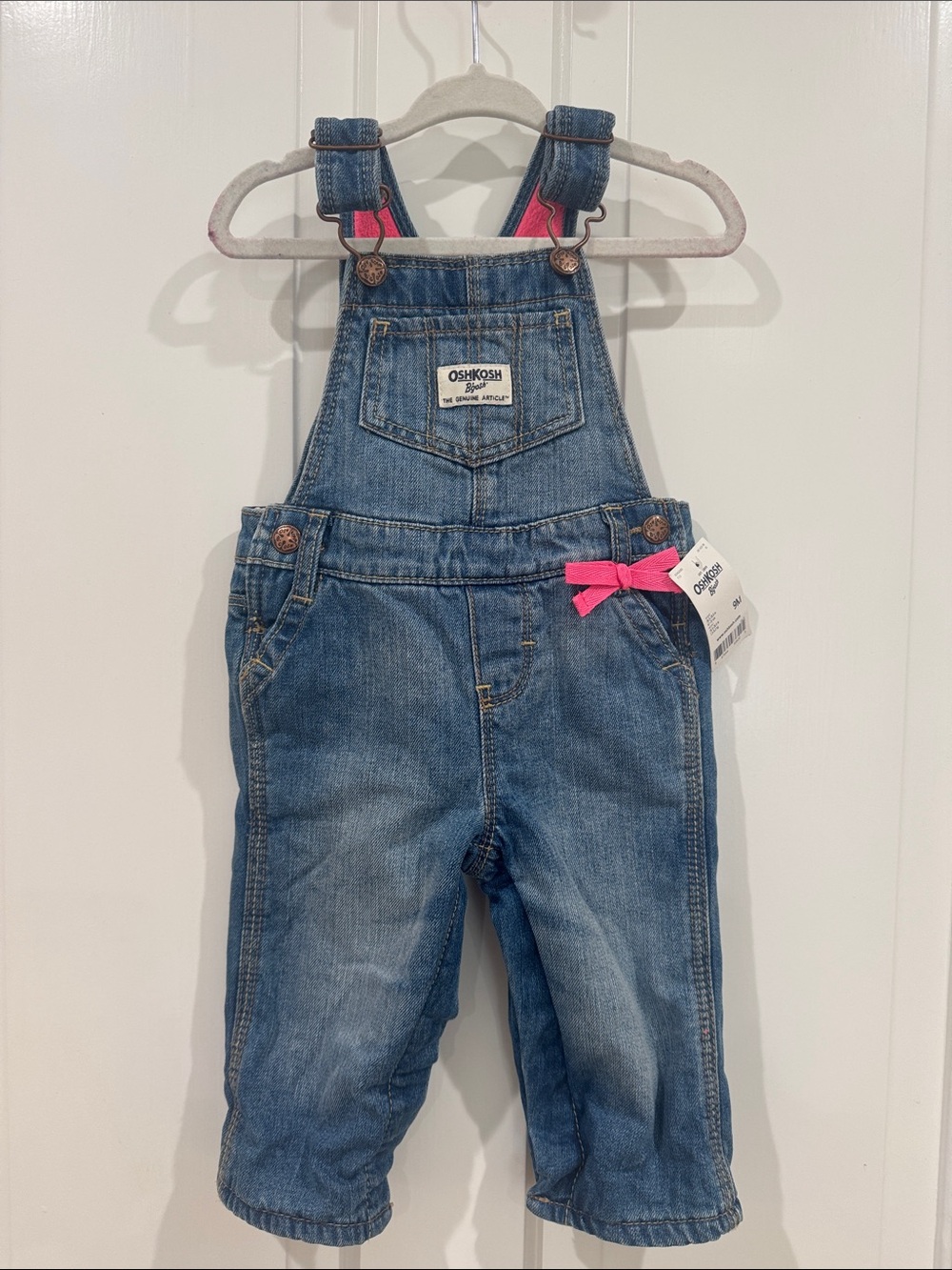 NWT - OshKosh B'gosh Overalls with Pink lining and bow - size 9 mos